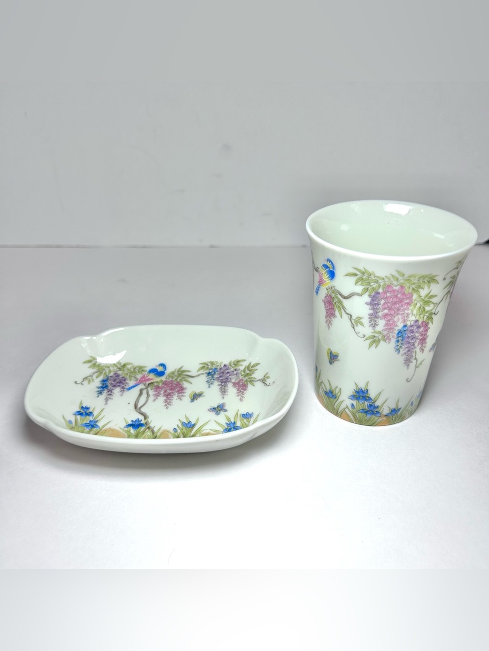 Takahashi San Francisco Porcelain Bathroom Set Wisteria Bird Butterfly